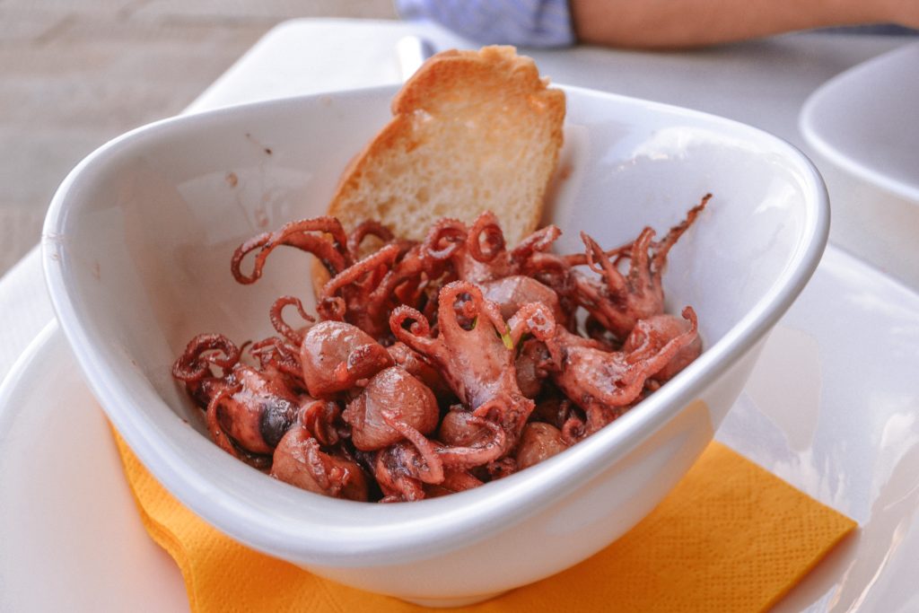 Small fried octopus in a plate with a slice of bread
