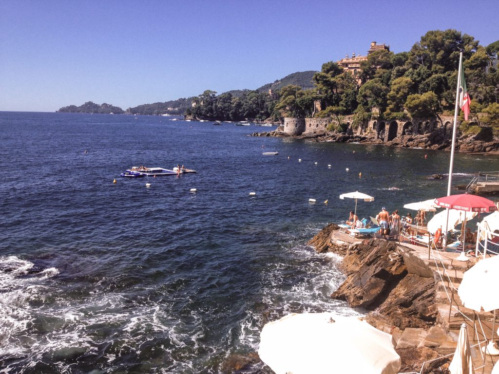 The rocky beach at the Excelsior Palace Hotel in Rapallo